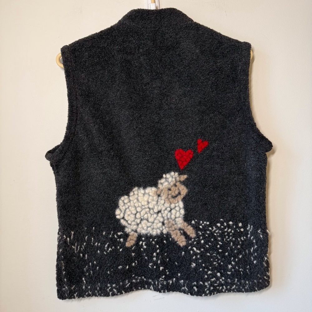 Artsy felted wool blend vest sheep hearts quirky art to wear layering country L - Picture 4 of 7